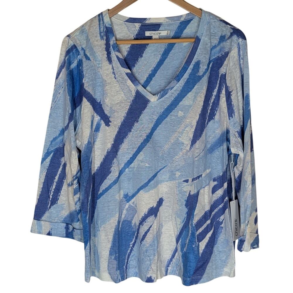 Chicos Shirt Womens 3 XL Blue Splash 100% Linen V Neck 3/4 Sleeve Pullover New